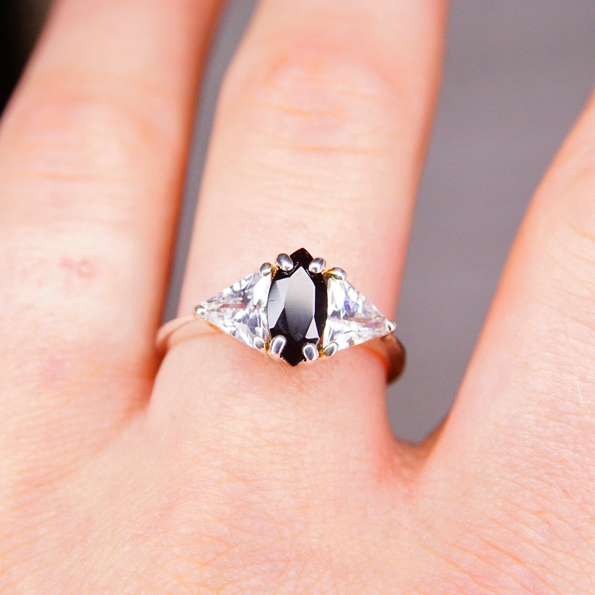Vintage Sterling Silver Marquise Simulated Black Diamond & Accent Trillion CZ Diamond Engagement Ring, Made In China, Size 9 1/4 US