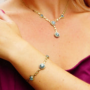 Vintage 14K Gold Aquamarine Pearl Seed Jewelry Set, Brilliant Blue Stones, Matching Y-Pendant Necklace Bracelet Screw Back Earrings & Brooch