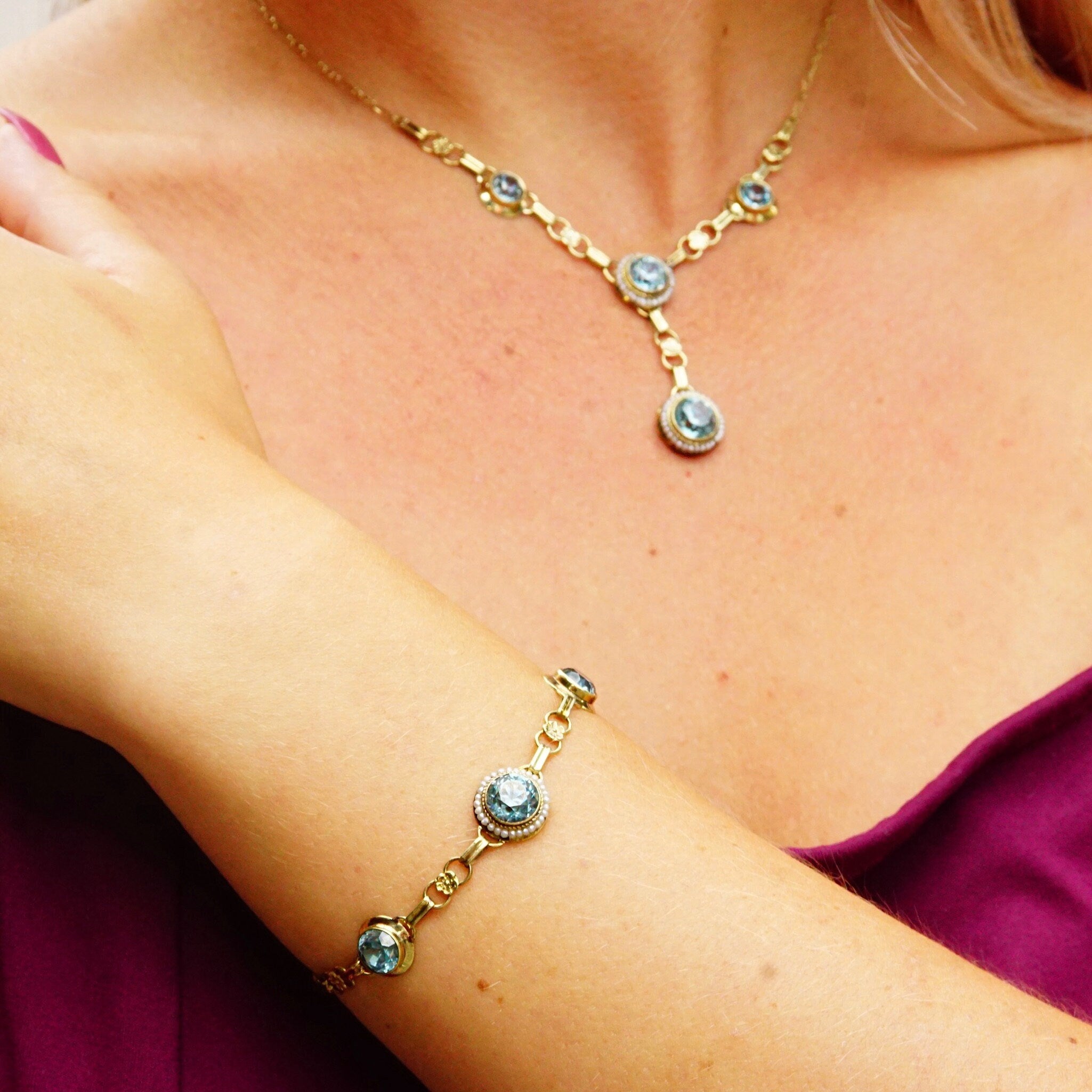 Vintage 14K Gold Aquamarine Pearl Seed Jewelry Set, Brilliant Blue Stones, Matching Y-Pendant Necklace Bracelet Screw Back Earrings & Brooch