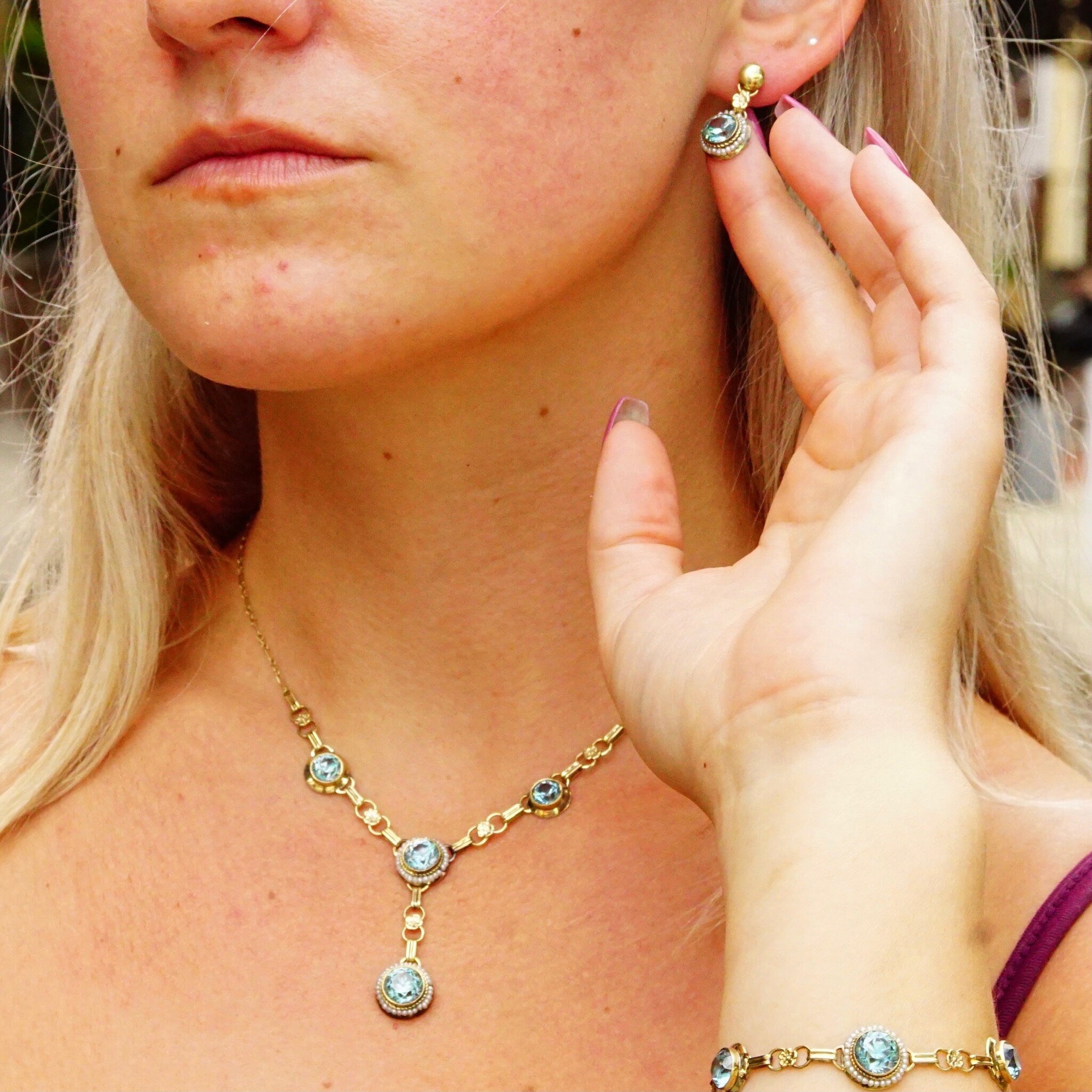 Vintage 14K Gold Aquamarine Pearl Seed Jewelry Set, Brilliant Blue Stones, Matching Y-Pendant Necklace Bracelet Screw Back Earrings & Brooch