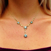 Vintage 14K Gold Aquamarine Pearl Seed Jewelry Set, Brilliant Blue Stones, Matching Y-Pendant Necklace Bracelet Screw Back Earrings & Brooch