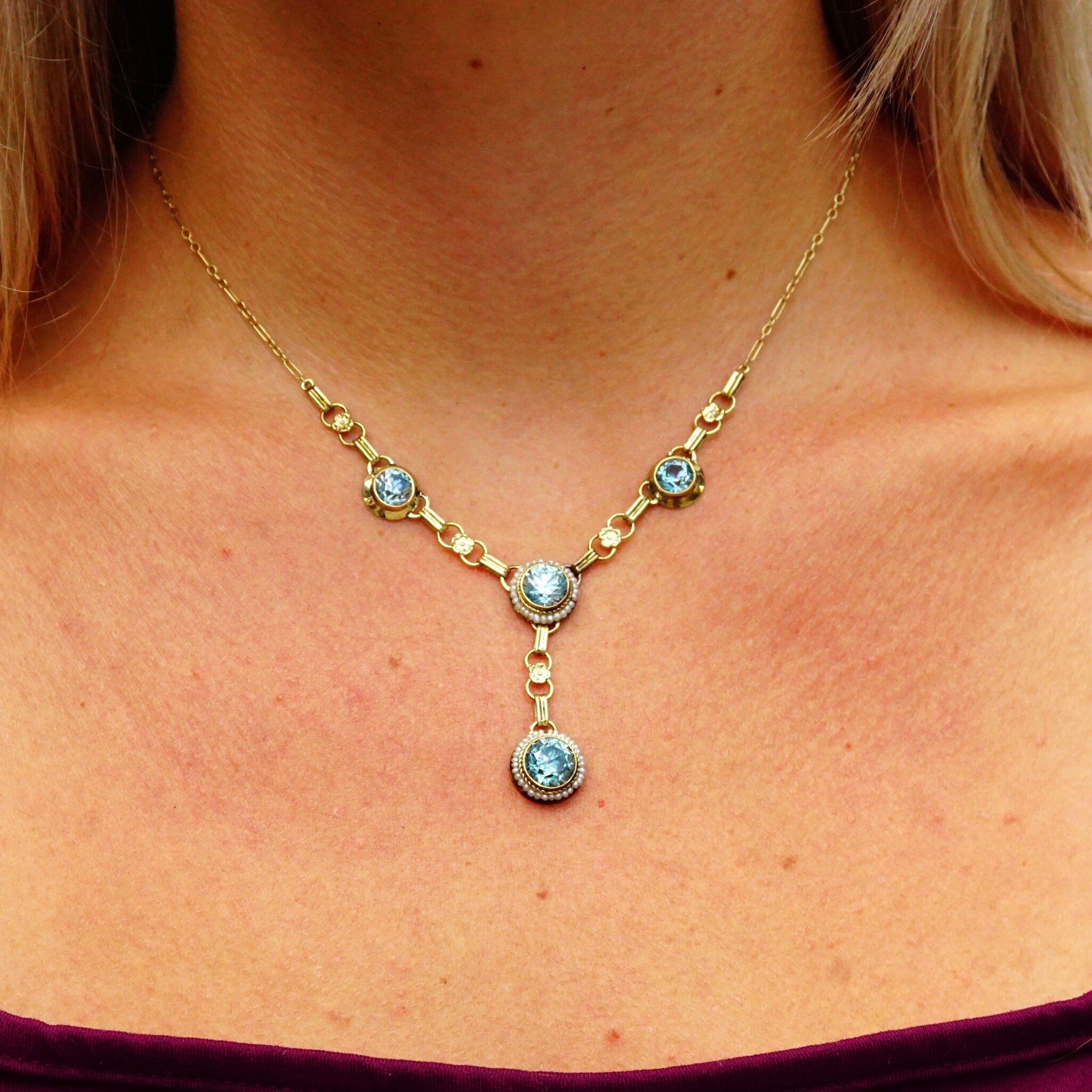 Vintage 14K Gold Aquamarine Pearl Seed Jewelry Set, Brilliant Blue Stones, Matching Y-Pendant Necklace Bracelet Screw Back Earrings & Brooch