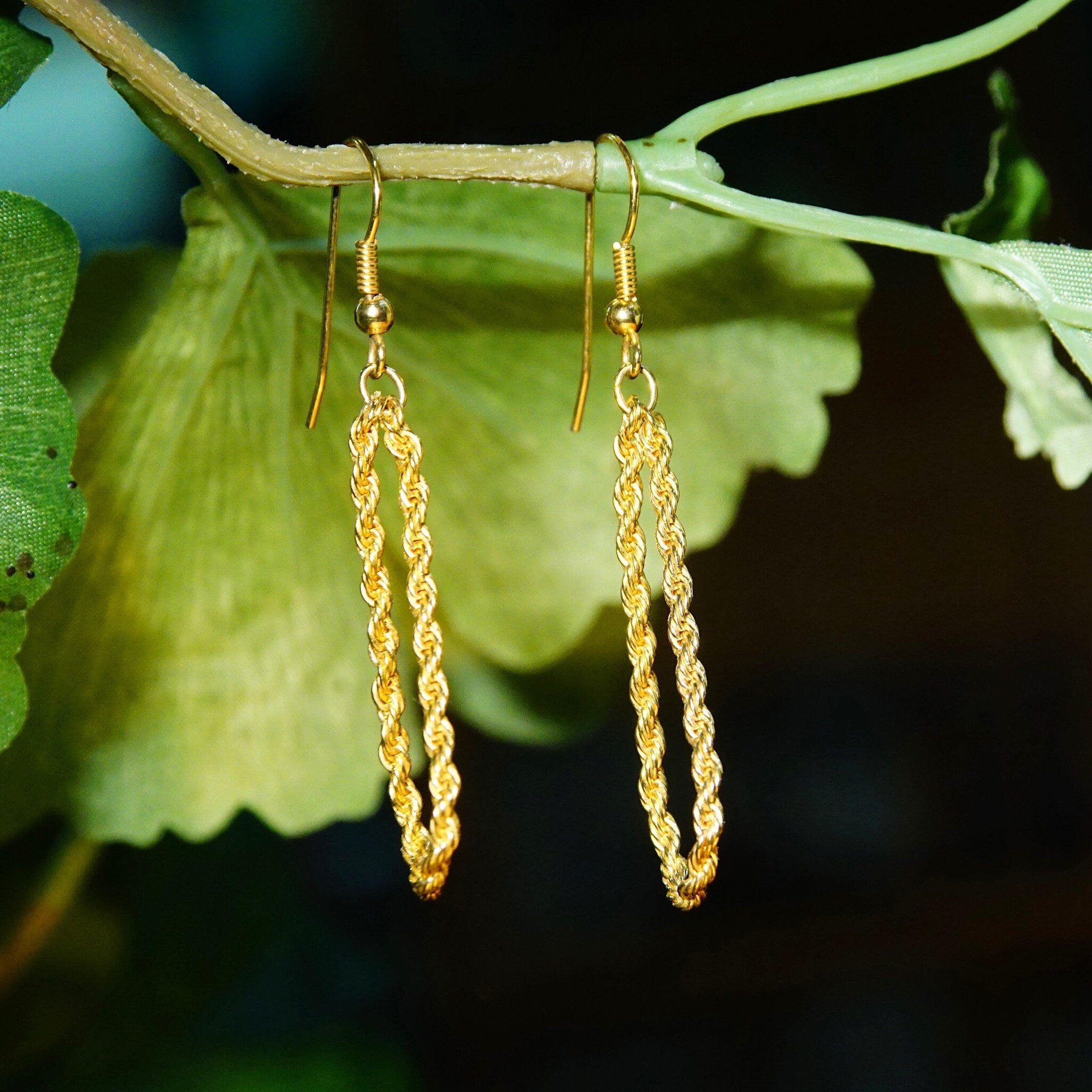 Vintage Gold Plated Rope Chain Dangle Earrings, Yellow Gold Loose Hoop Earrings, French Hooks, 2mm Gold Rope Chain Earrings, 2 1/4" L
