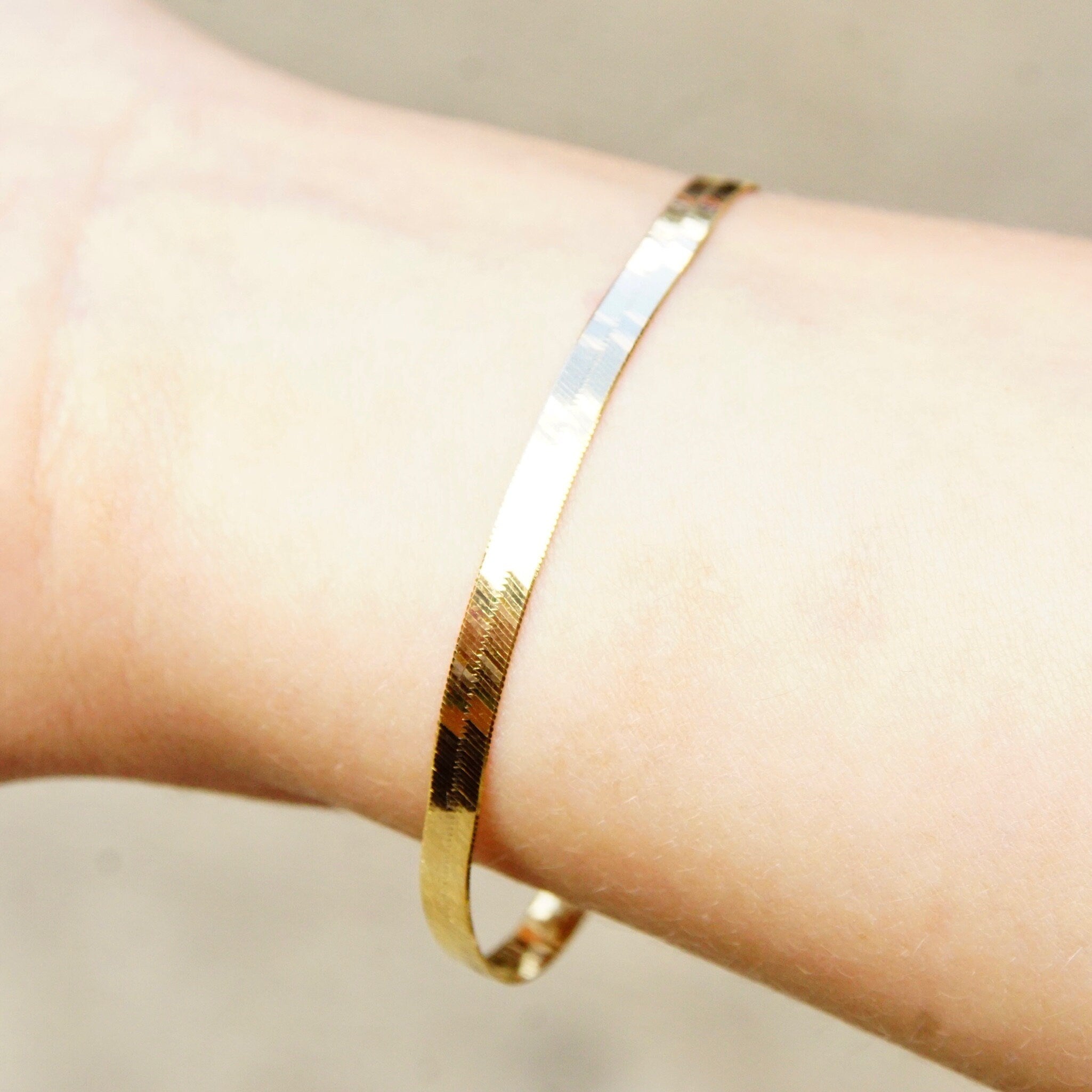 Vintage 14K Yellow Gold Herringbone Bracelet, 4mm Flat Herringbone Chain, Minimalist Solid Gold Bracelet, Unisex, 585 Jewelry, 7 1/8 Long