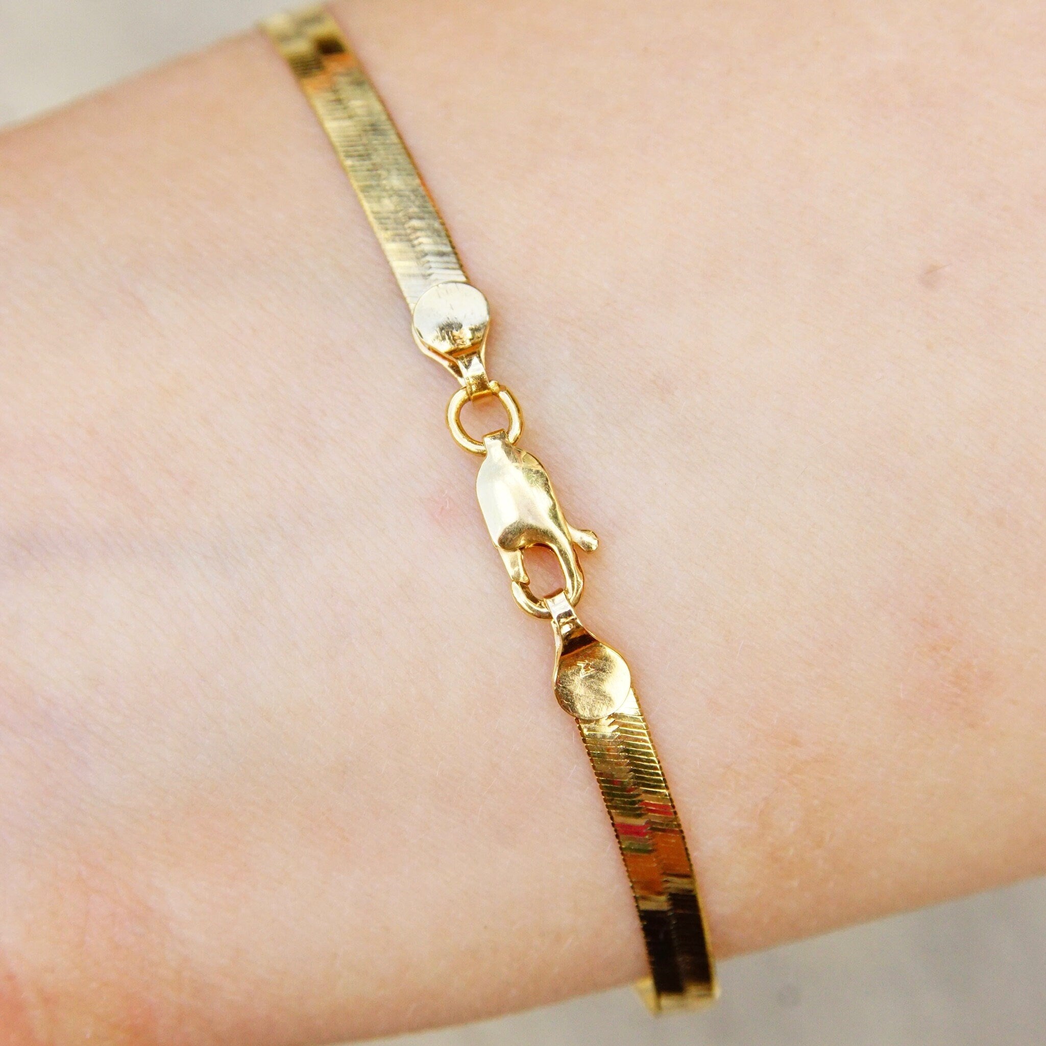 Vintage 14K Yellow Gold Herringbone Bracelet, 4mm Flat Herringbone Chain, Minimalist Solid Gold Bracelet, Unisex, 585 Jewelry, 7 1/8 Long