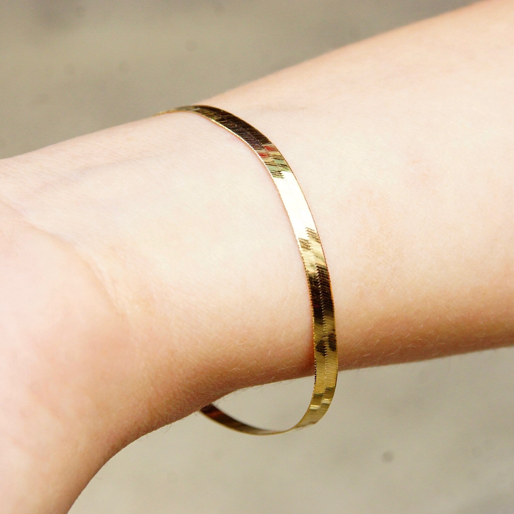 Vintage 14K Yellow Gold Herringbone Bracelet, 4mm Flat Herringbone Chain, Minimalist Solid Gold Bracelet, Unisex, 585 Jewelry, 7 1/8 Long