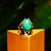 Sterling Silver High Prong-Set Turquoise Cocktail Ring, Marbled Green Turquoise Stone, Ornate Setting, Adjustable, Size 4-8 US