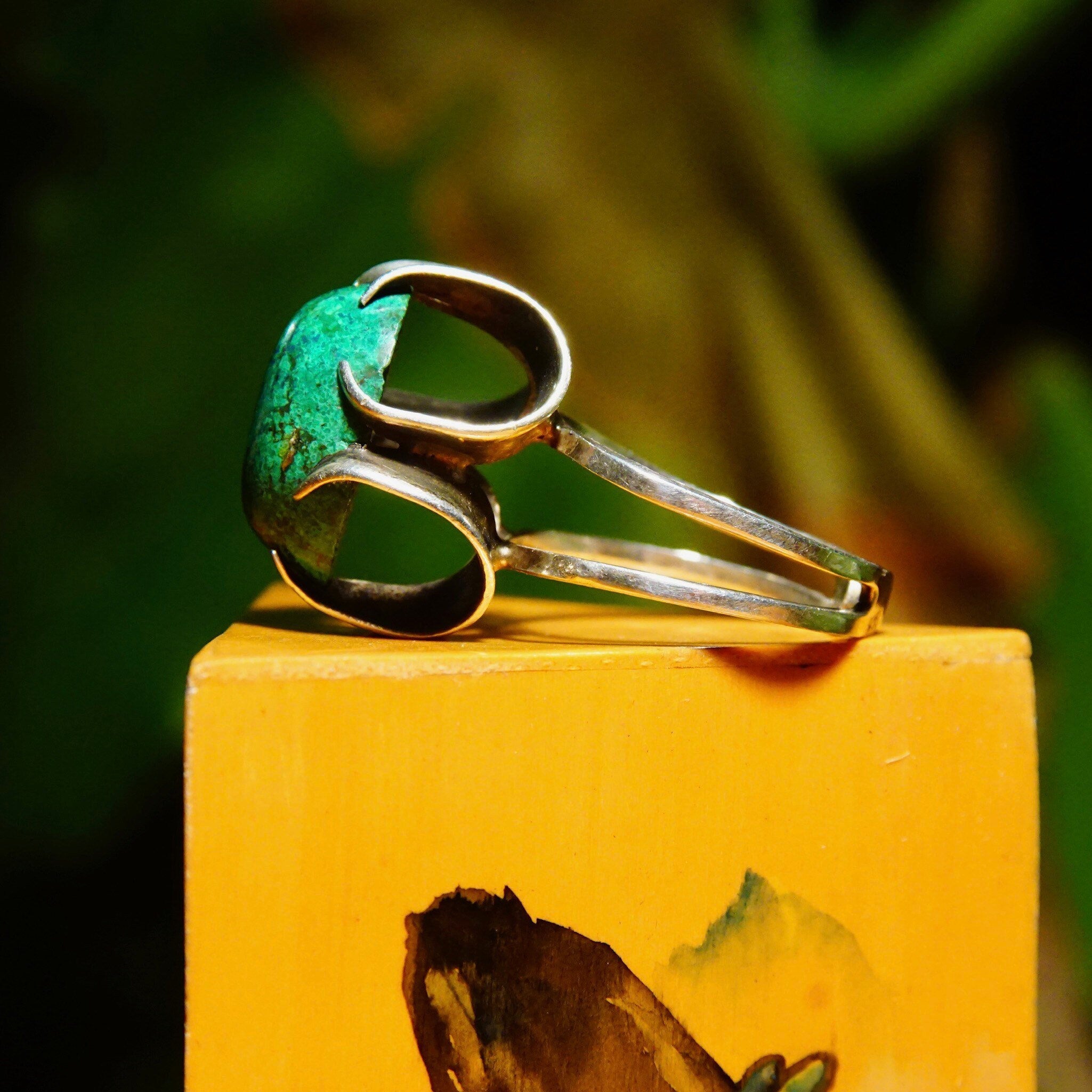 Sterling Silver High Prong-Set Turquoise Cocktail Ring, Marbled Green Turquoise Stone, Ornate Setting, Adjustable, Size 4-8 US