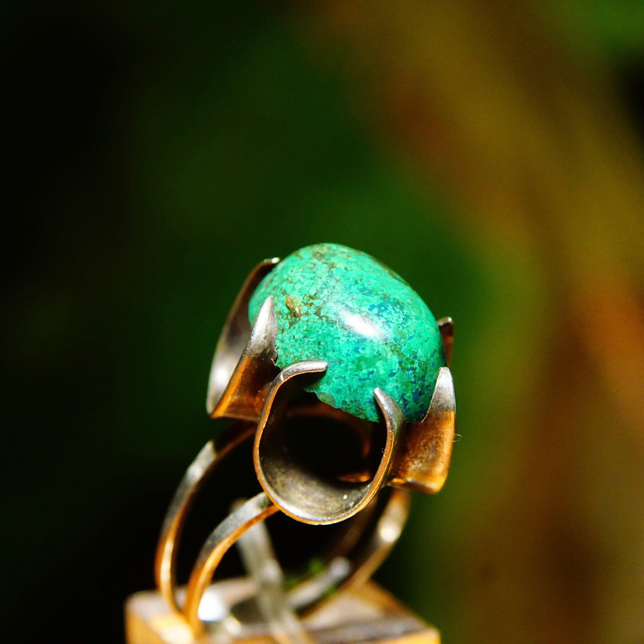 Sterling Silver High Prong-Set Turquoise Cocktail Ring, Marbled Green Turquoise Stone, Ornate Setting, Adjustable, Size 4-8 US