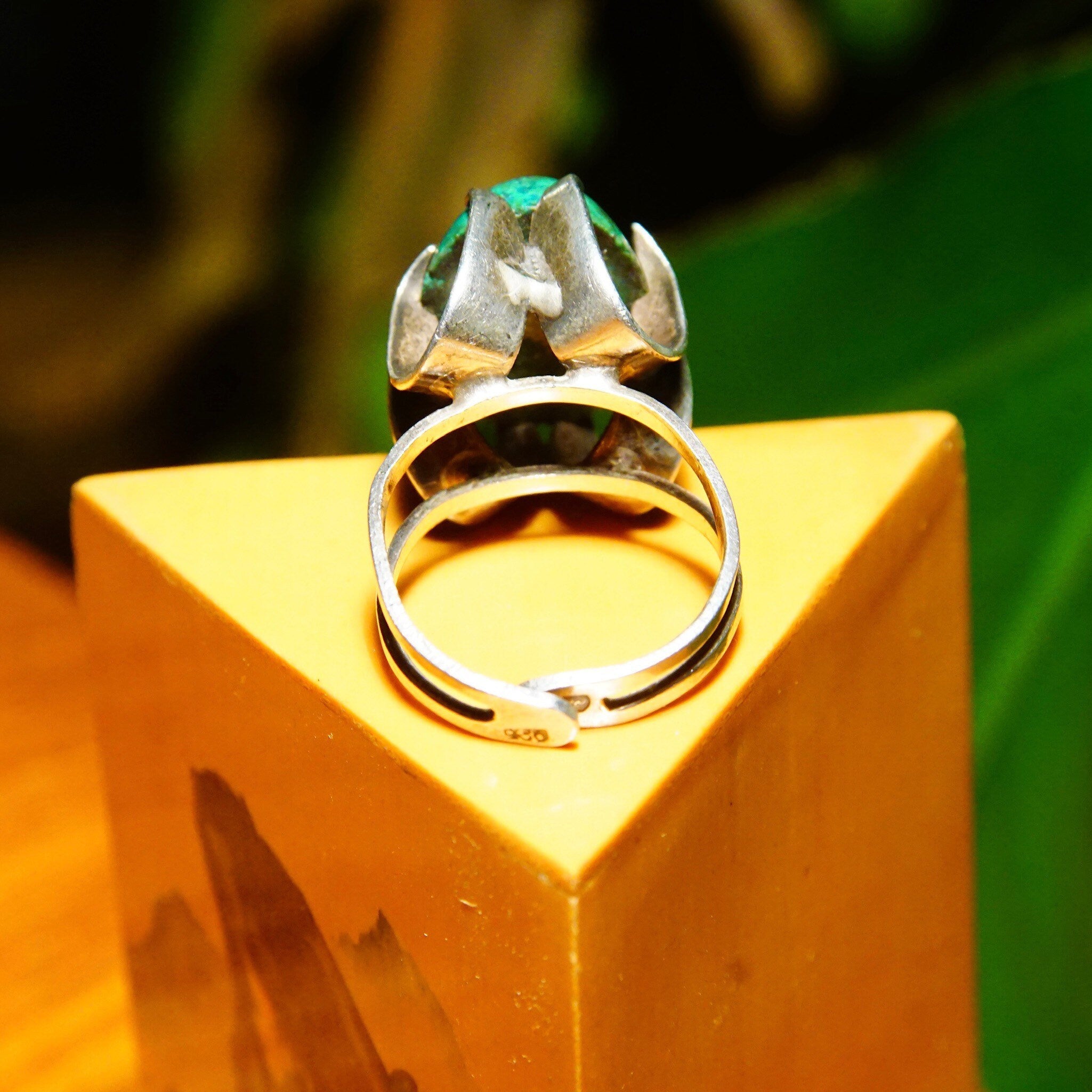 Sterling Silver High Prong-Set Turquoise Cocktail Ring, Marbled Green Turquoise Stone, Ornate Setting, Adjustable, Size 4-8 US