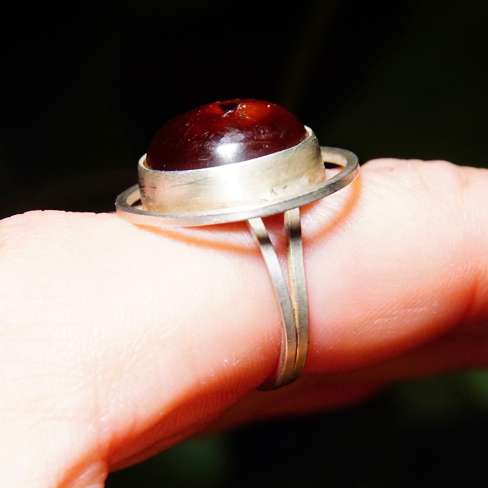Vintage Modernist Sterling Silver Amber Halo Ring, Double Wire Band, One Of One Custom Made Ring, Experimental Jewelry, Size 9 3/4 US
