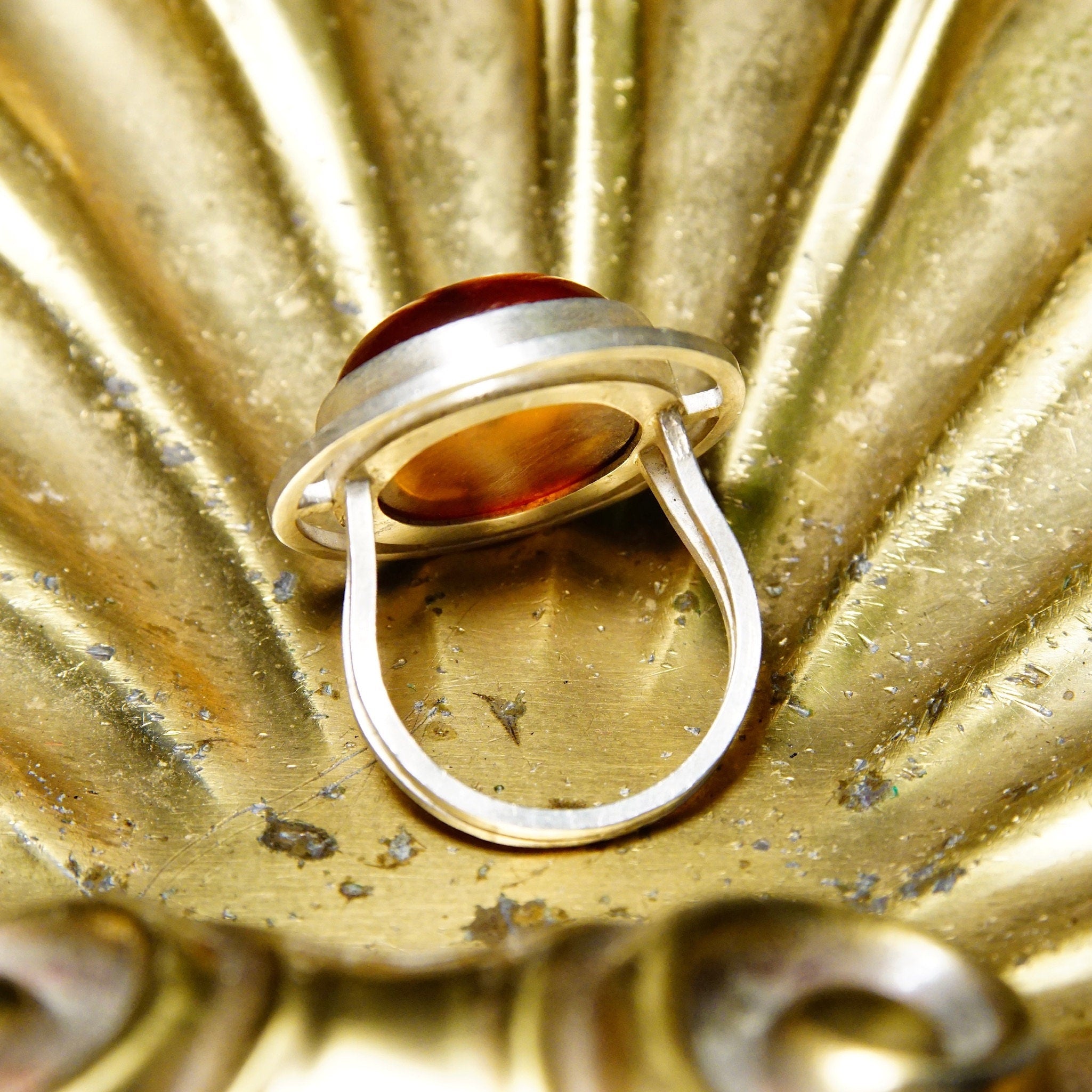Vintage Modernist Sterling Silver Amber Halo Ring, Double Wire Band, One Of One Custom Made Ring, Experimental Jewelry, Size 9 3/4 US