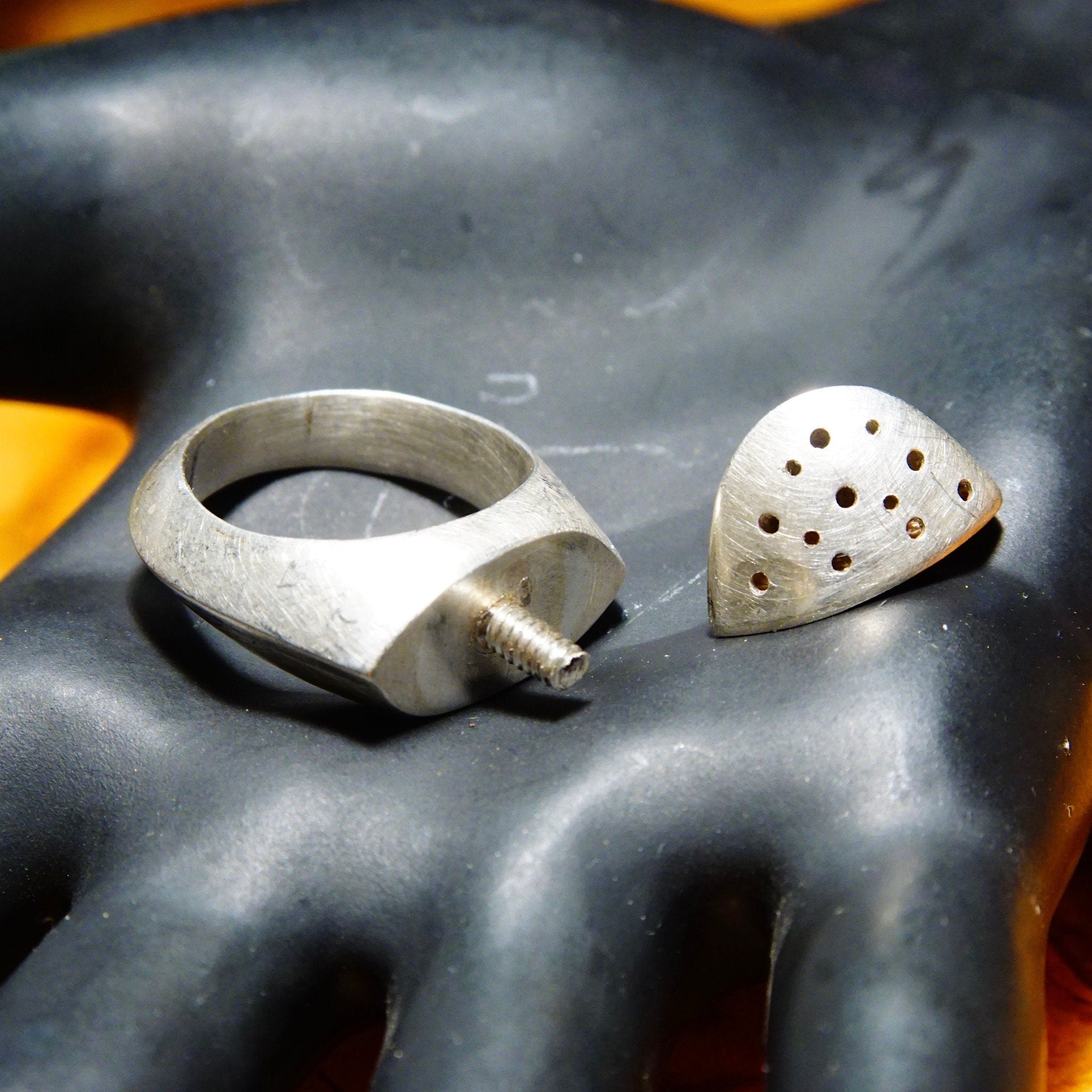 Vintage Experimental Modernist Sterling Silver Pierced Dome Ring, Two-Piece Movable Ring With Screwable Cap, One Of One, Size 7 3/4 US