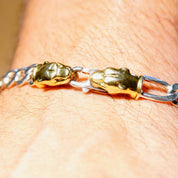 Vintage Italian Sterling Silver Gold Panther Figaro Chain Bracelet, 7mm Heavy Silver Chain, Accent Gold Panther Clasp, 8 1/4" L