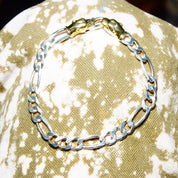Vintage Italian Sterling Silver Gold Panther Figaro Chain Bracelet, 7mm Heavy Silver Chain, Accent Gold Panther Clasp, 8 1/4" L