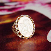 Vintage Sterling Silver Mother Of Pearl Cherub Cameo Ring, Classic Relief Carving Of Iridescent White Shell, Baby Cupid, Size 10 1/2 US