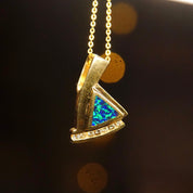 Vintage Modernist 14K Gold Opal Diamond Pendant, Inlaid Blue Opal Stone, 7 Brilliant Diamonds, .21 TCW, Abstract Yellow Gold Pendant, 1" L