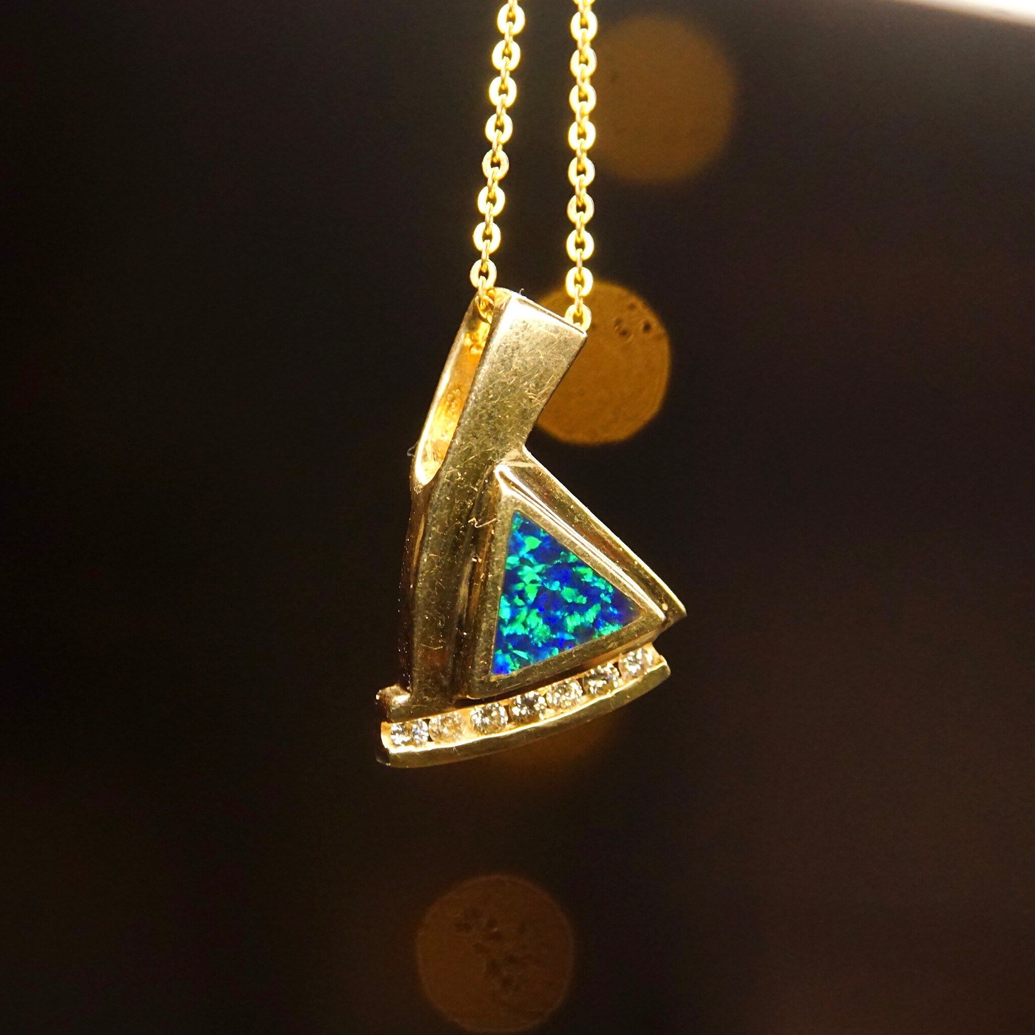 Vintage Modernist 14K Gold Opal Diamond Pendant, Inlaid Blue Opal Stone, 7 Brilliant Diamonds, .21 TCW, Abstract Yellow Gold Pendant, 1" L