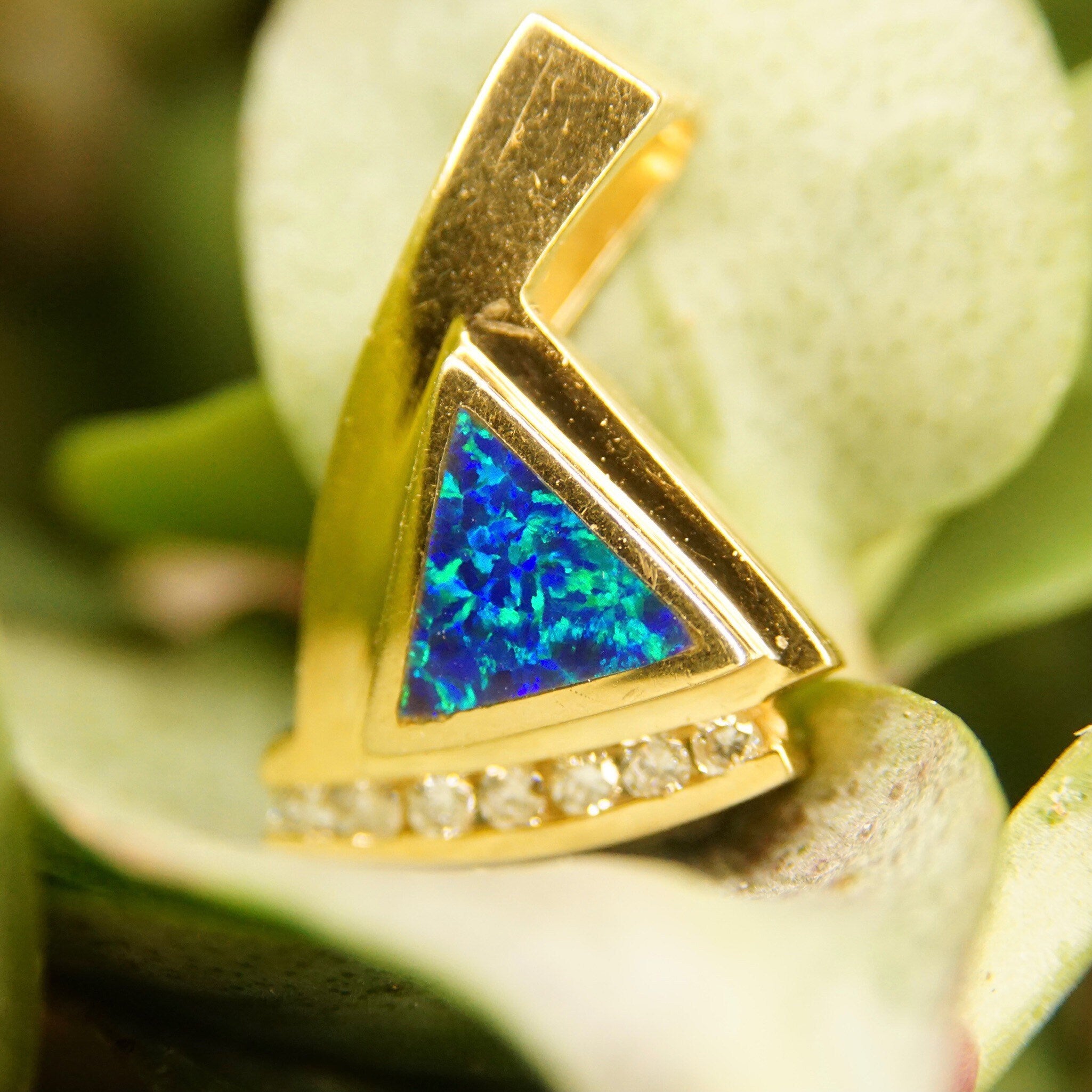 Vintage Modernist 14K Gold Opal Diamond Pendant, Inlaid Blue Opal Stone, 7 Brilliant Diamonds, .21 TCW, Abstract Yellow Gold Pendant, 1" L