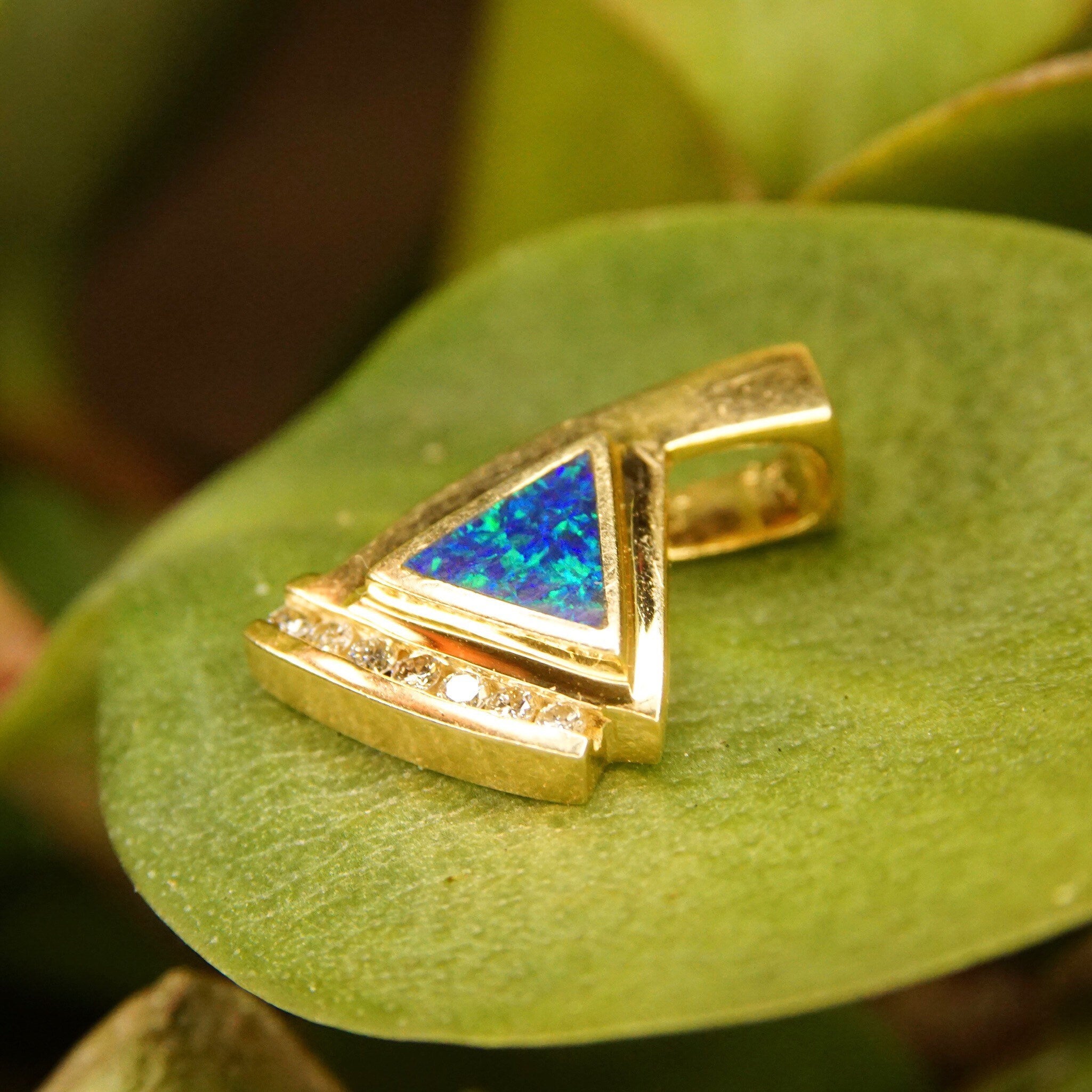 Vintage Modernist 14K Gold Opal Diamond Pendant, Inlaid Blue Opal Stone, 7 Brilliant Diamonds, .21 TCW, Abstract Yellow Gold Pendant, 1" L