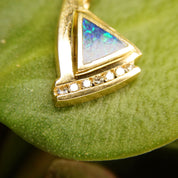 Vintage Modernist 14K Gold Opal Diamond Pendant, Inlaid Blue Opal Stone, 7 Brilliant Diamonds, .21 TCW, Abstract Yellow Gold Pendant, 1" L