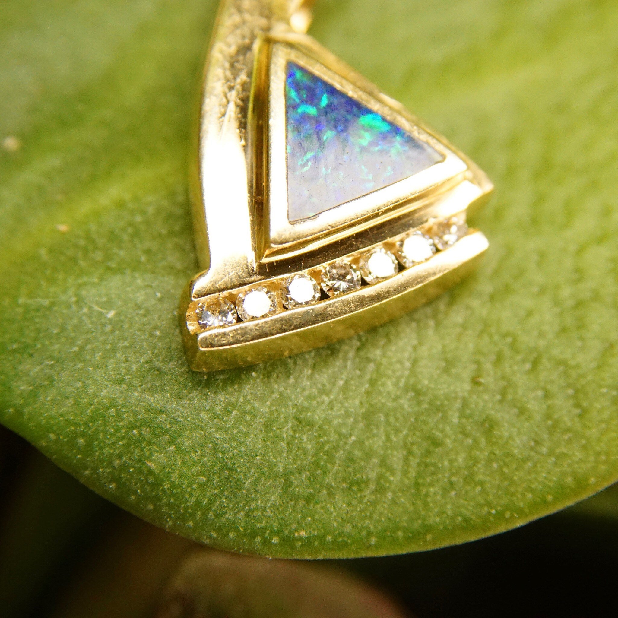 Vintage Modernist 14K Gold Opal Diamond Pendant, Inlaid Blue Opal Stone, 7 Brilliant Diamonds, .21 TCW, Abstract Yellow Gold Pendant, 1" L