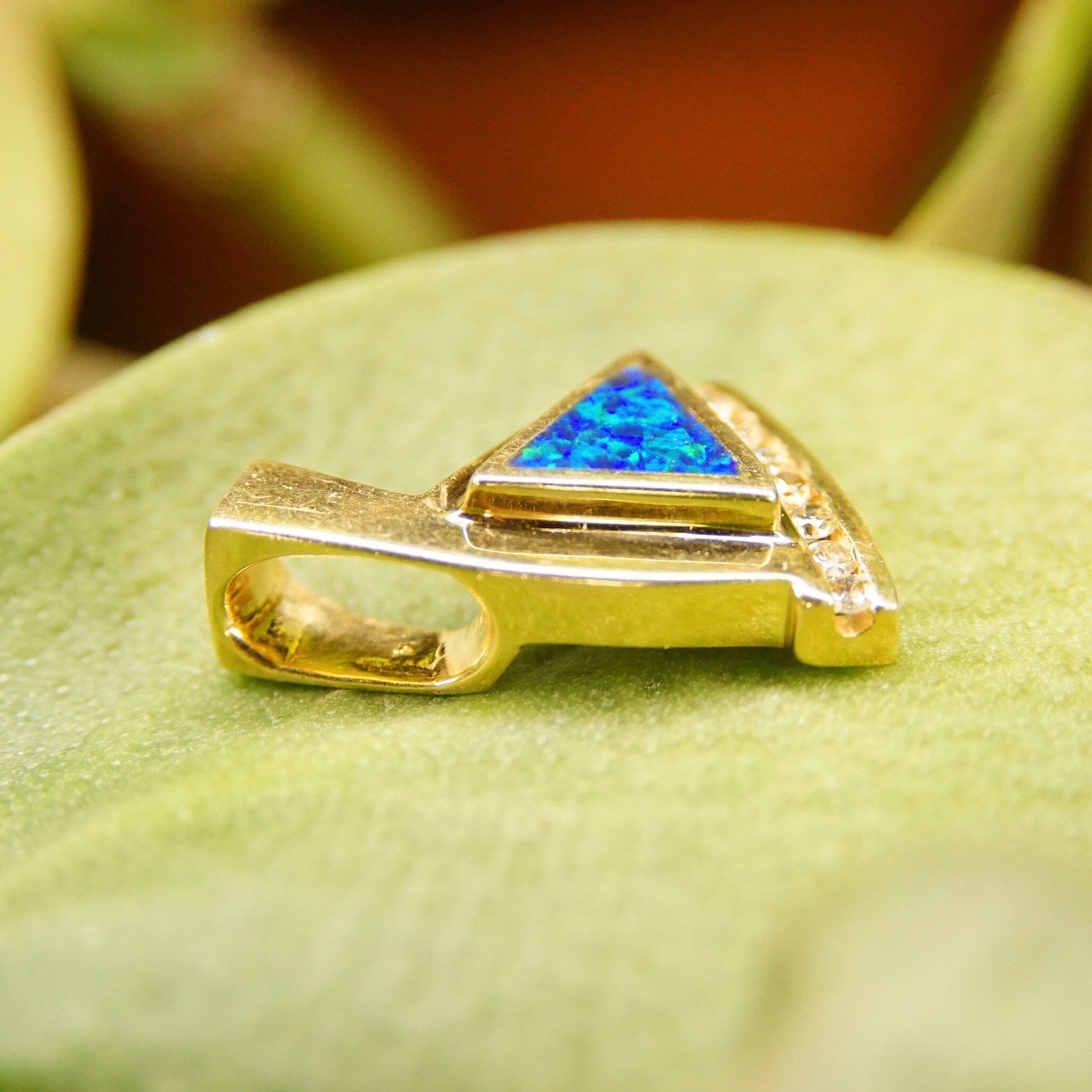 Vintage Modernist 14K Gold Opal Diamond Pendant, Inlaid Blue Opal Stone, 7 Brilliant Diamonds, .21 TCW, Abstract Yellow Gold Pendant, 1" L