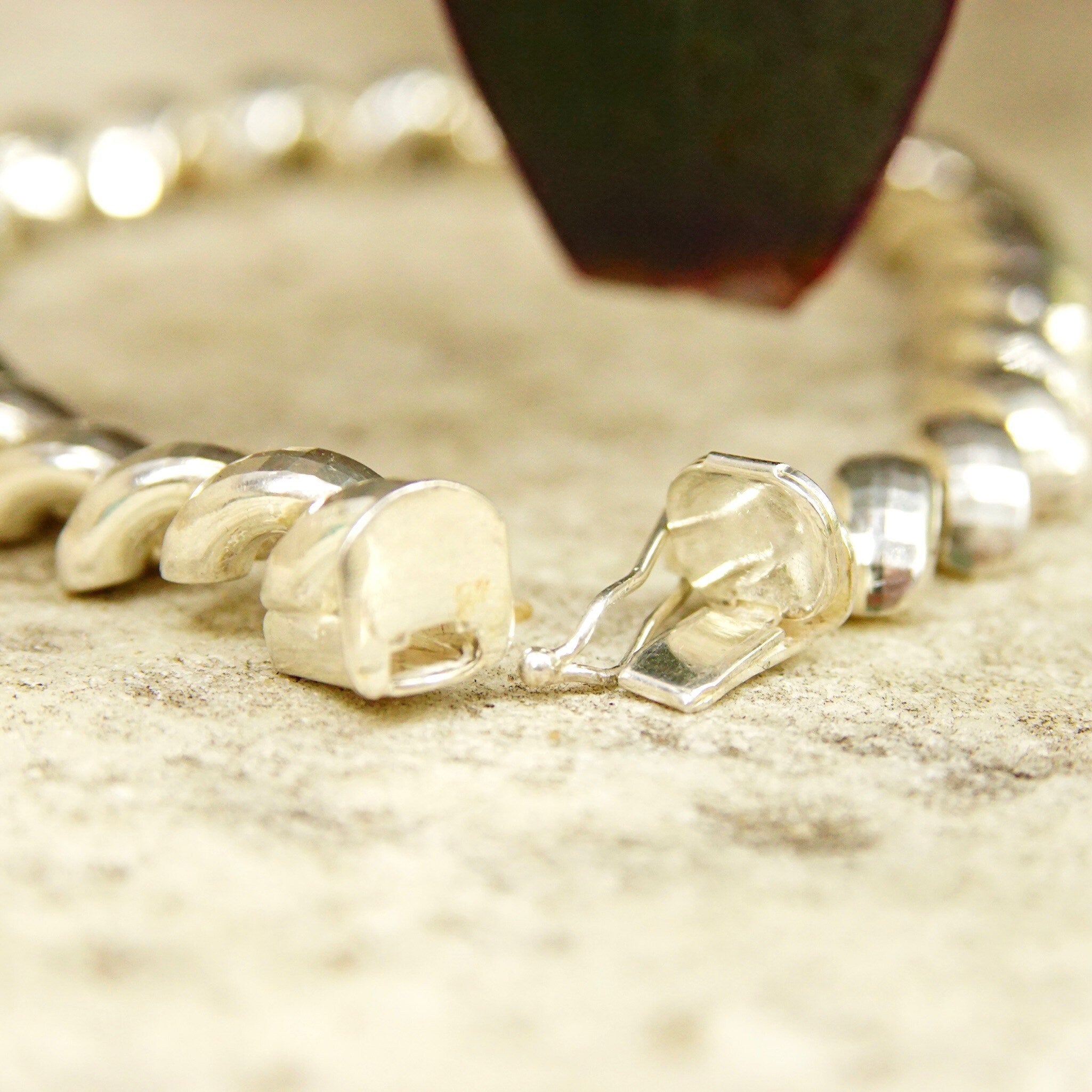 Vintage Italian Sterling Silver Crescent Link Chain Bracelet, Diamond Cut Design, Flashy Silver Bracelet, 8 1/4 L