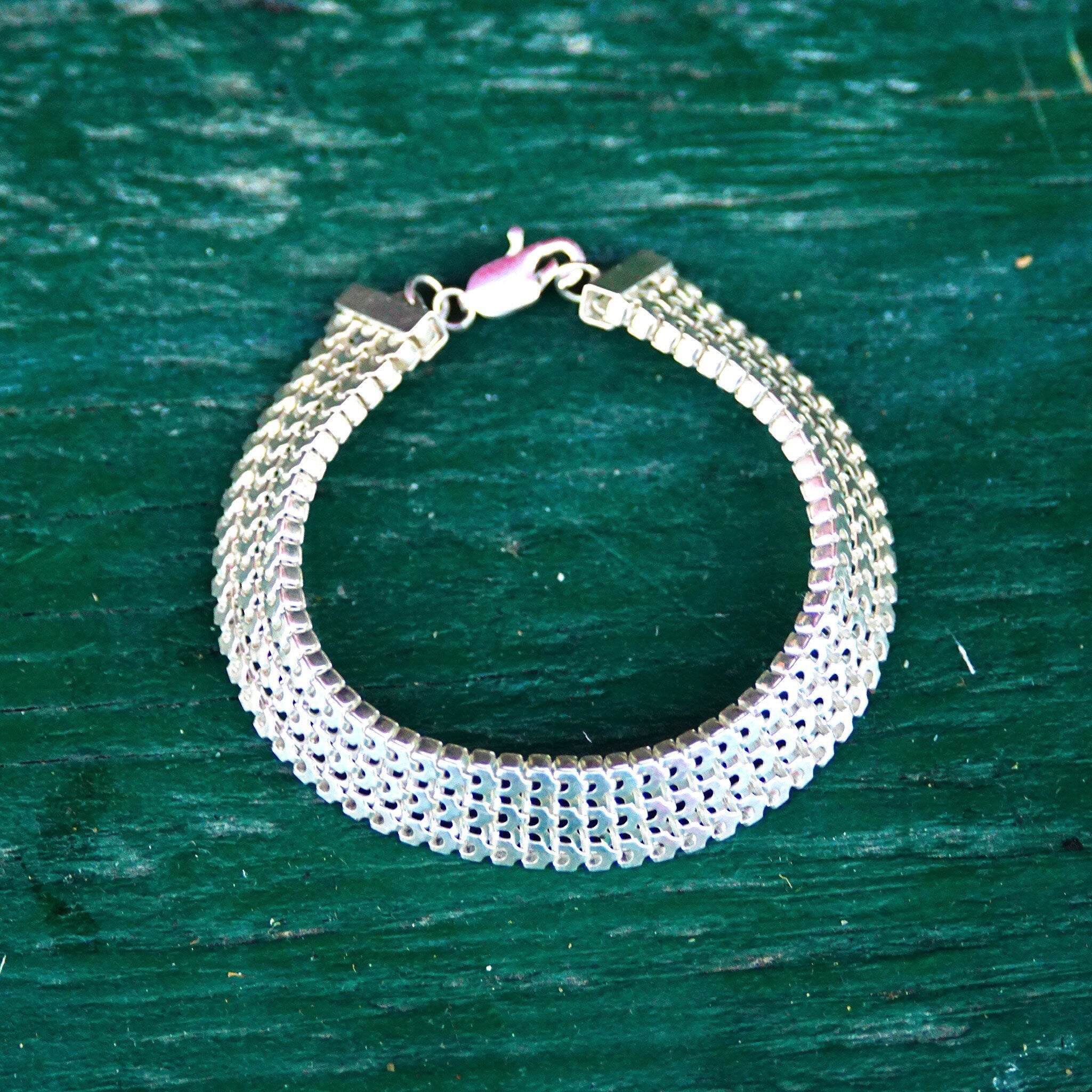 Vintage Sterling Silver Multi Row Link Bracelet, Thick Chain Mail Bracelet, Articulated Link Bracelet, 7 3/4 L