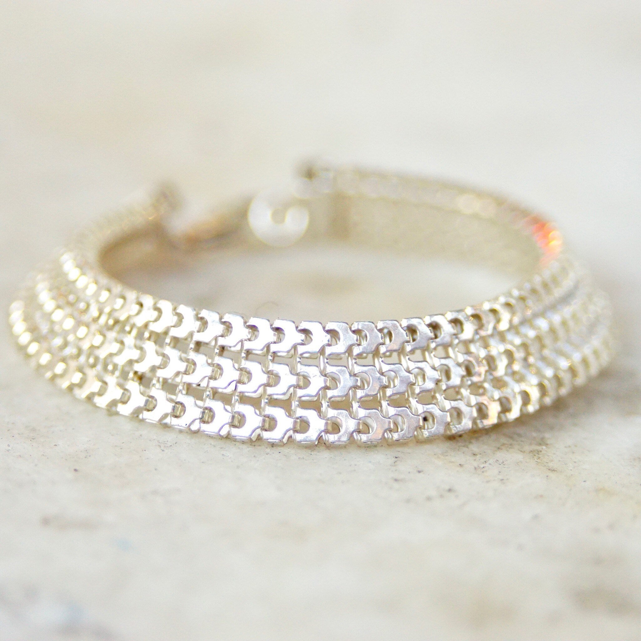 Vintage Sterling Silver Multi Row Link Bracelet, Thick Chain Mail Bracelet, Articulated Link Bracelet, 7 3/4 L