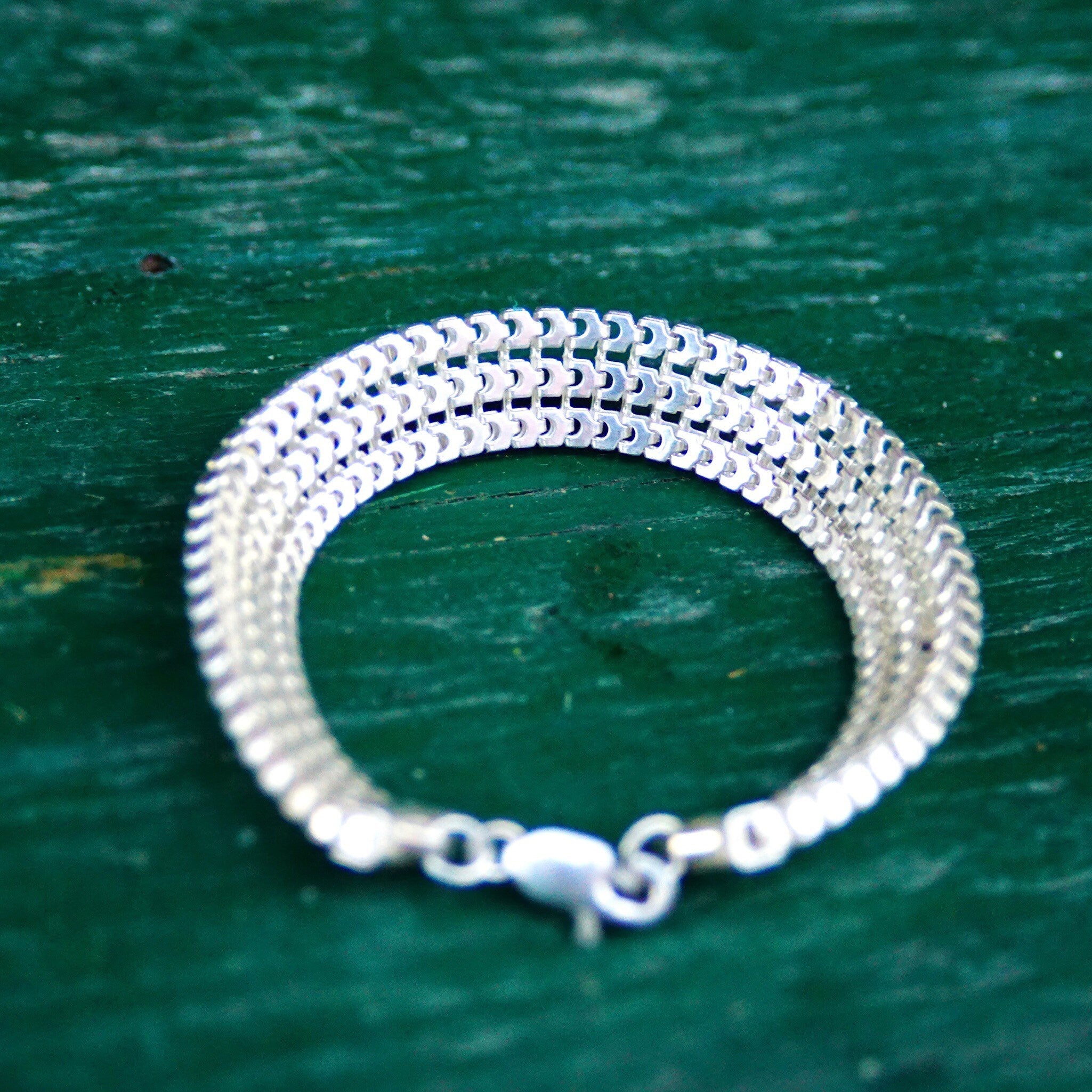 Vintage Sterling Silver Multi Row Link Bracelet, Thick Chain Mail Bracelet, Articulated Link Bracelet, 7 3/4 L