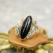 Vintage Hallmarked Navajo Sterling Silver Back Onyx Ring, RMJ Sterling, Floral Motifs, Ornate Silver Setting, Native American, Size 9 US
