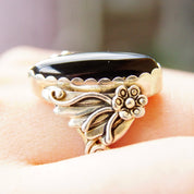 Vintage Hallmarked Navajo Sterling Silver Back Onyx Ring, RMJ Sterling, Floral Motifs, Ornate Silver Setting, Native American, Size 9 US