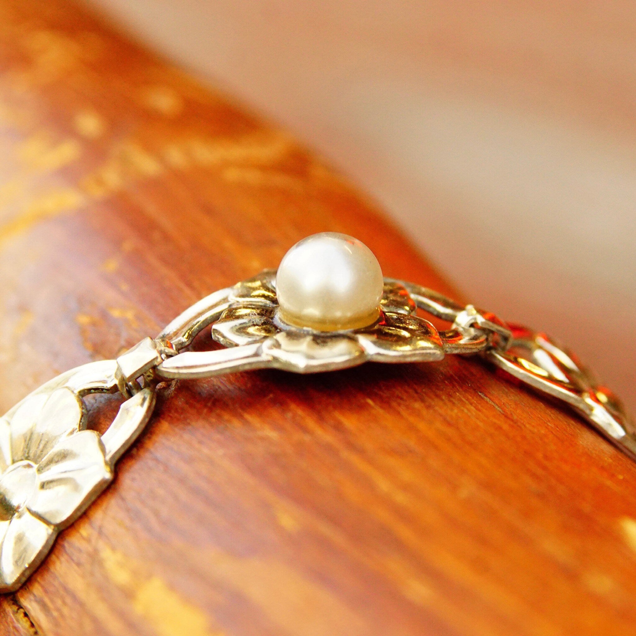 Vintage Symmetalic Sterling & 14K Pearl Floral Link Bracelet, Gold Plated Silver Bracelet, Flower Design, Cultured Pearls, 7 1/2 L