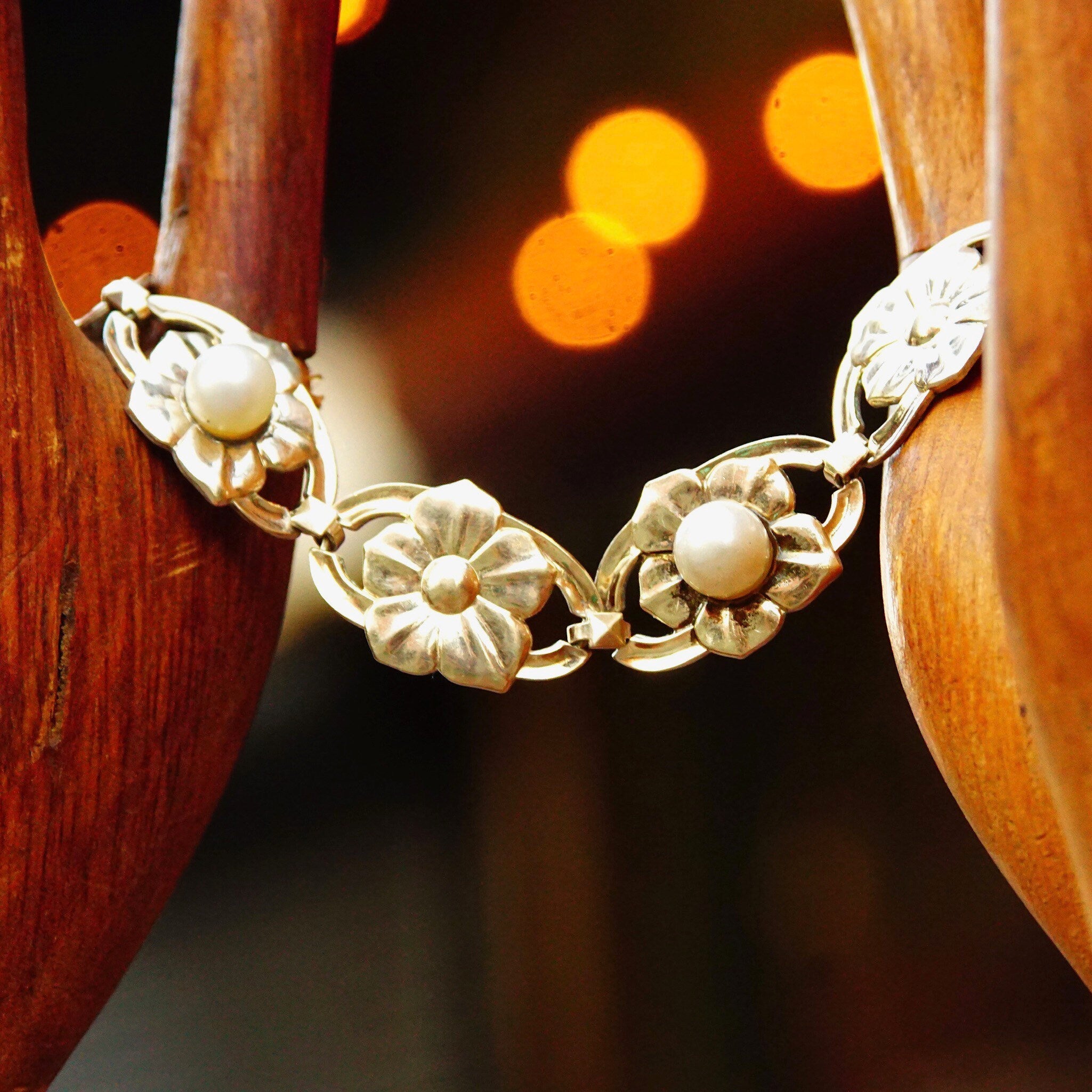 Vintage Symmetalic Sterling & 14K Pearl Floral Link Bracelet, Gold Plated Silver Bracelet, Flower Design, Cultured Pearls, 7 1/2 L