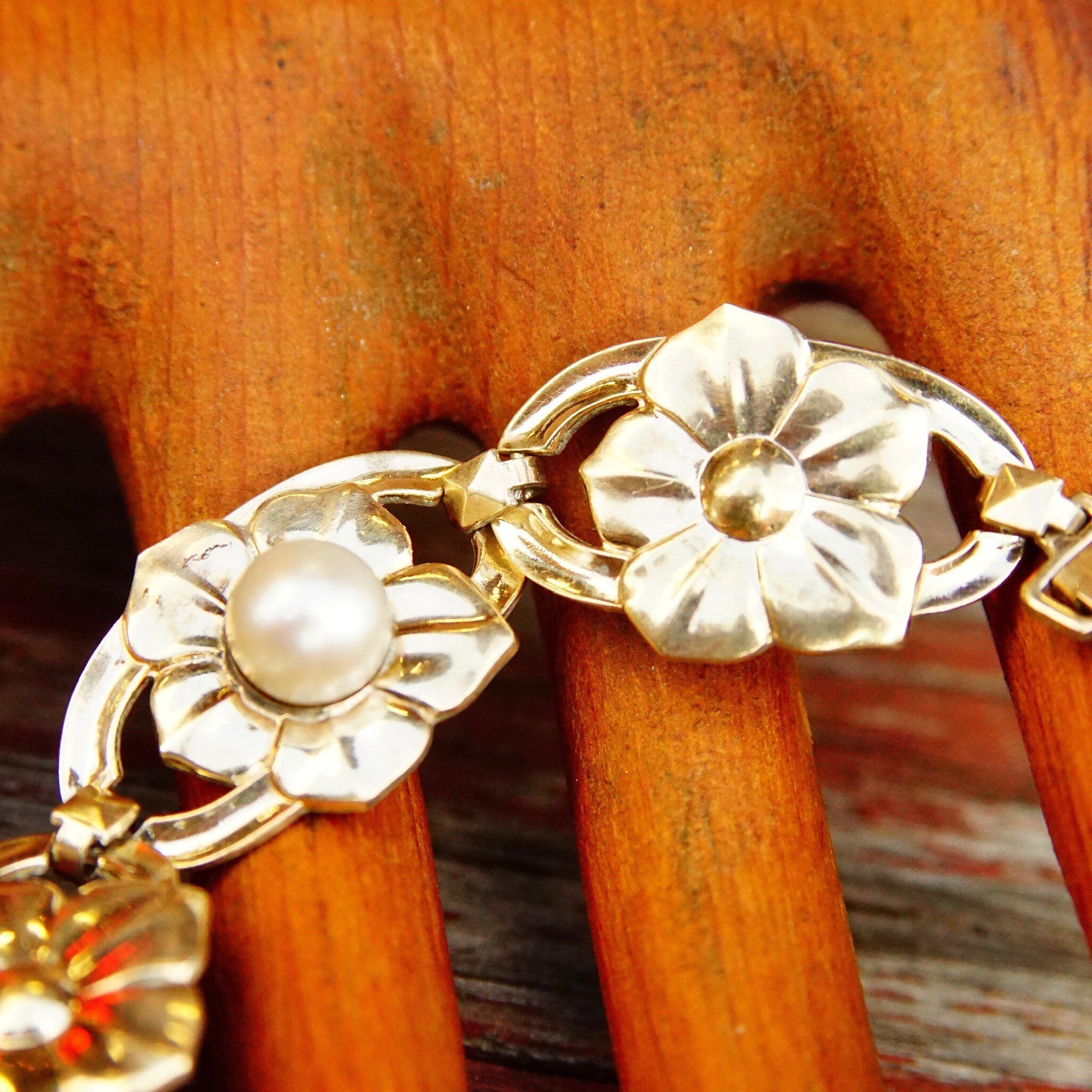 Vintage Symmetalic Sterling & 14K Pearl Floral Link Bracelet, Gold Plated Silver Bracelet, Flower Design, Cultured Pearls, 7 1/2 L