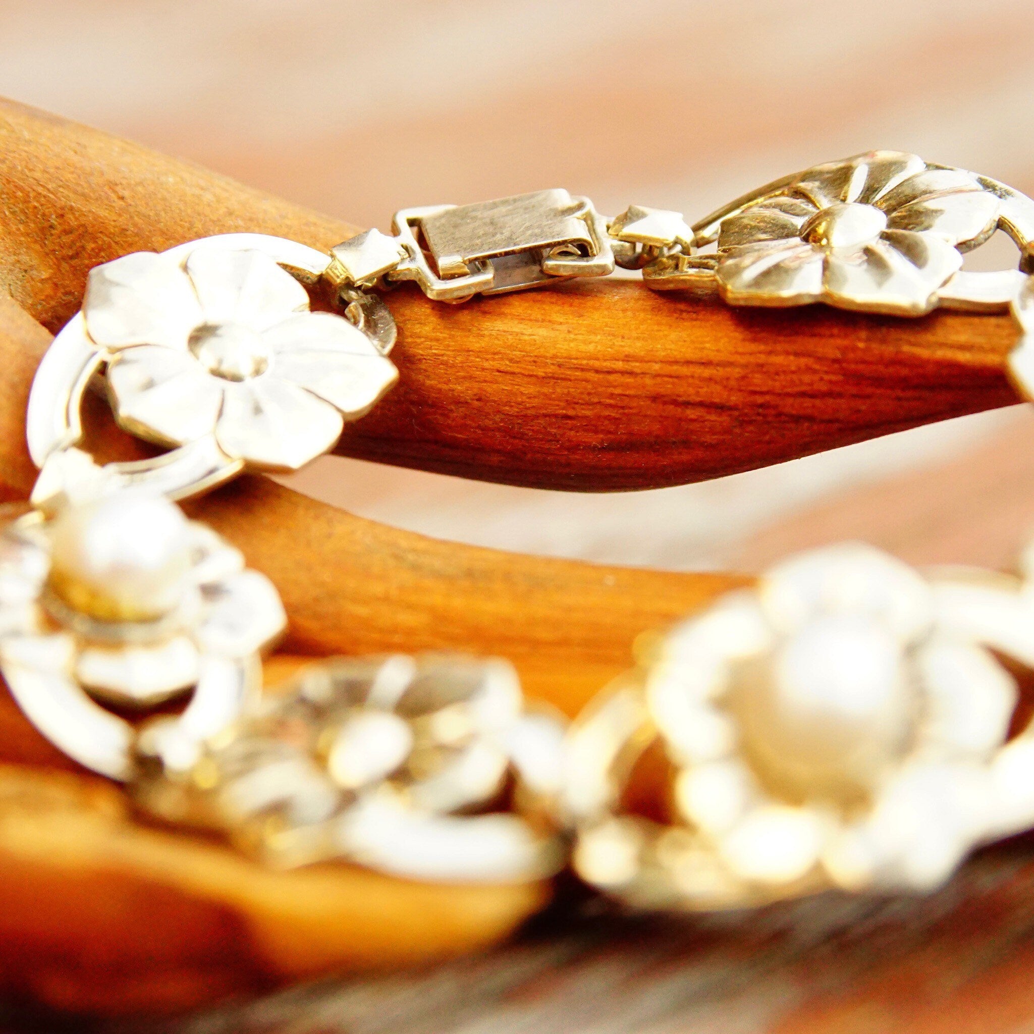 Vintage Symmetalic Sterling & 14K Pearl Floral Link Bracelet, Gold Plated Silver Bracelet, Flower Design, Cultured Pearls, 7 1/2 L
