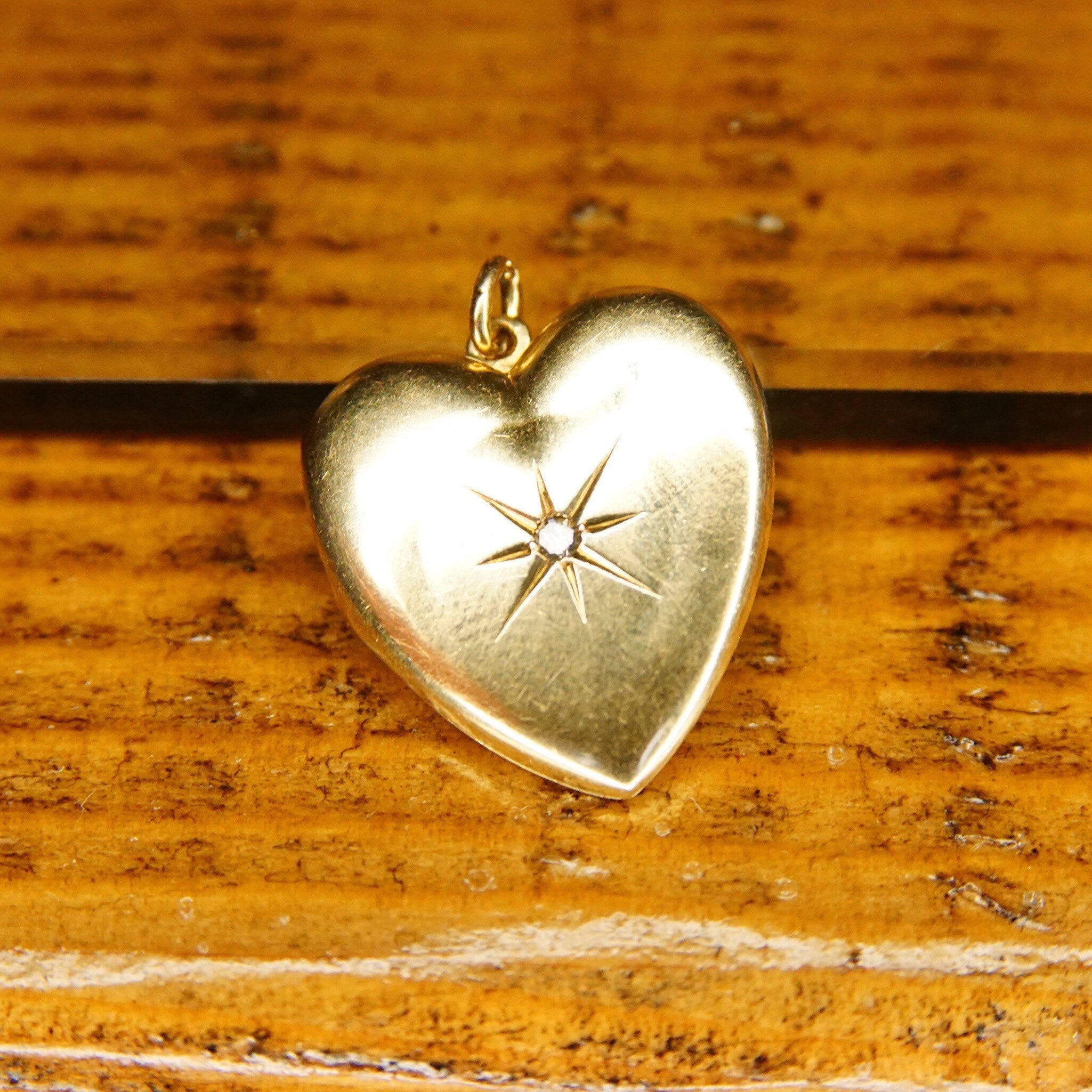 Antique EMESCO 14K Gold Mine Cut Diamond Starburst Heart Locket, .02 CT Diamond, 2-Frame Picture Locket, Victorian Mourning Jewelry, 1" L