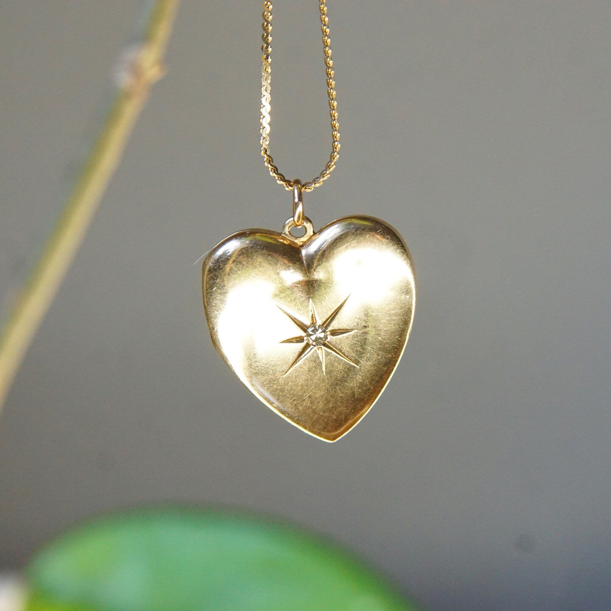 Antique EMESCO 14K Gold Mine Cut Diamond Starburst Heart Locket, .02 CT Diamond, 2-Frame Picture Locket, Victorian Mourning Jewelry, 1" L
