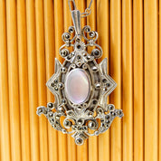 Vintage Art Deco Sterling Silver Marcasite & Mother Of Pearl Pendant/Brooch, Ornate Embellished Silver Shield Pendant Pin, LIND, 2 1/8" L