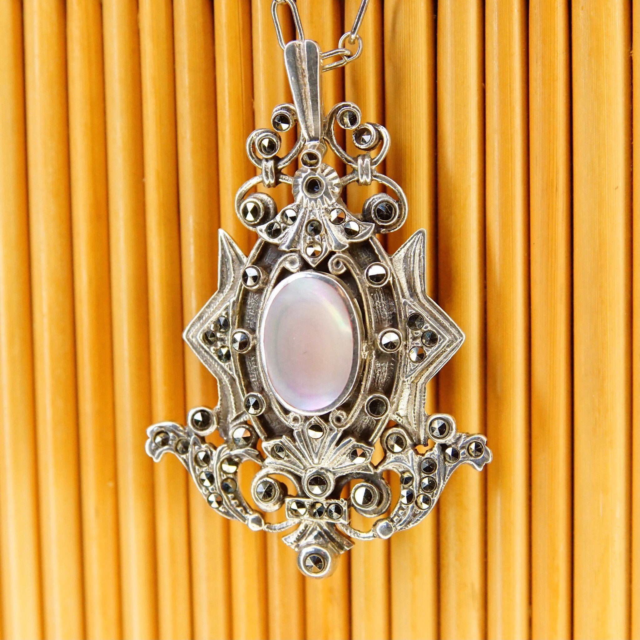 Vintage Art Deco Sterling Silver Marcasite & Mother Of Pearl Pendant/Brooch, Ornate Embellished Silver Shield Pendant Pin, LIND, 2 1/8" L