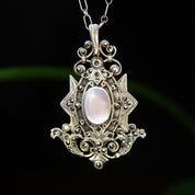 Vintage Art Deco Sterling Silver Marcasite & Mother Of Pearl Pendant/Brooch, Ornate Embellished Silver Shield Pendant Pin, LIND, 2 1/8" L