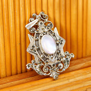 Vintage Art Deco Sterling Silver Marcasite & Mother Of Pearl Pendant/Brooch, Ornate Embellished Silver Shield Pendant Pin, LIND, 2 1/8" L