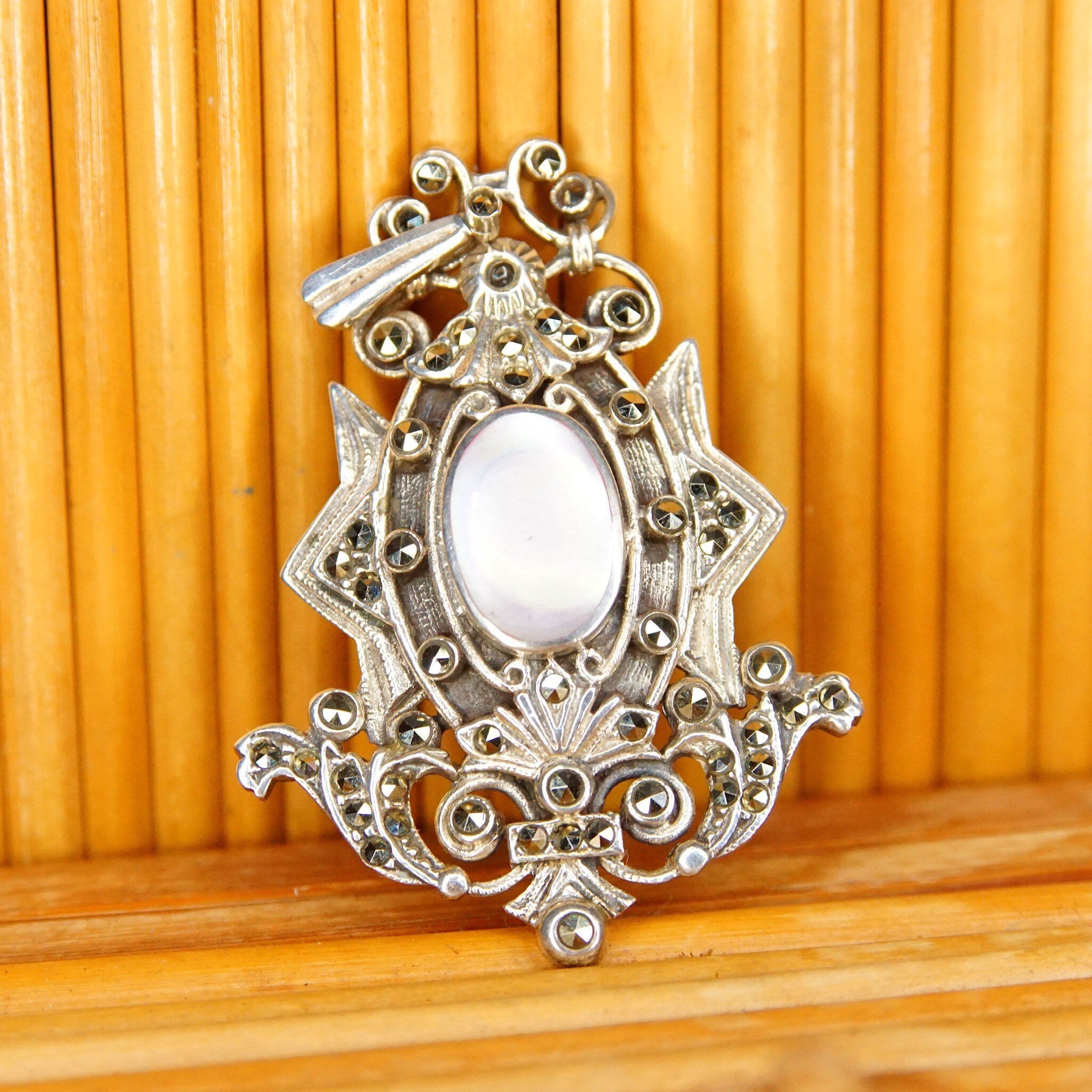 Vintage Art Deco Sterling Silver Marcasite & Mother Of Pearl Pendant/Brooch, Ornate Embellished Silver Shield Pendant Pin, LIND, 2 1/8" L