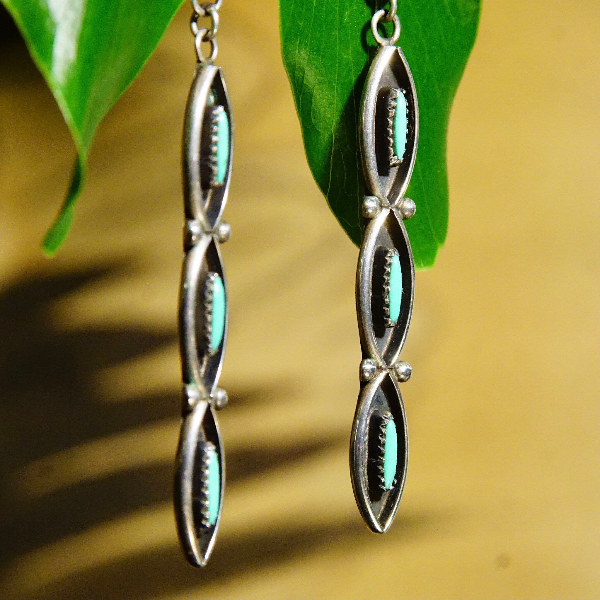 Vintage Signed Zuni Native American Needlepoint Turquoise & Sterling Silver Dangle Earrings, Handmade Indigenous Earrings, 2 5/8" Long