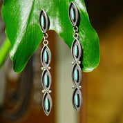 Vintage Signed Zuni Native American Needlepoint Turquoise & Sterling Silver Dangle Earrings, Handmade Indigenous Earrings, 2 5/8" Long