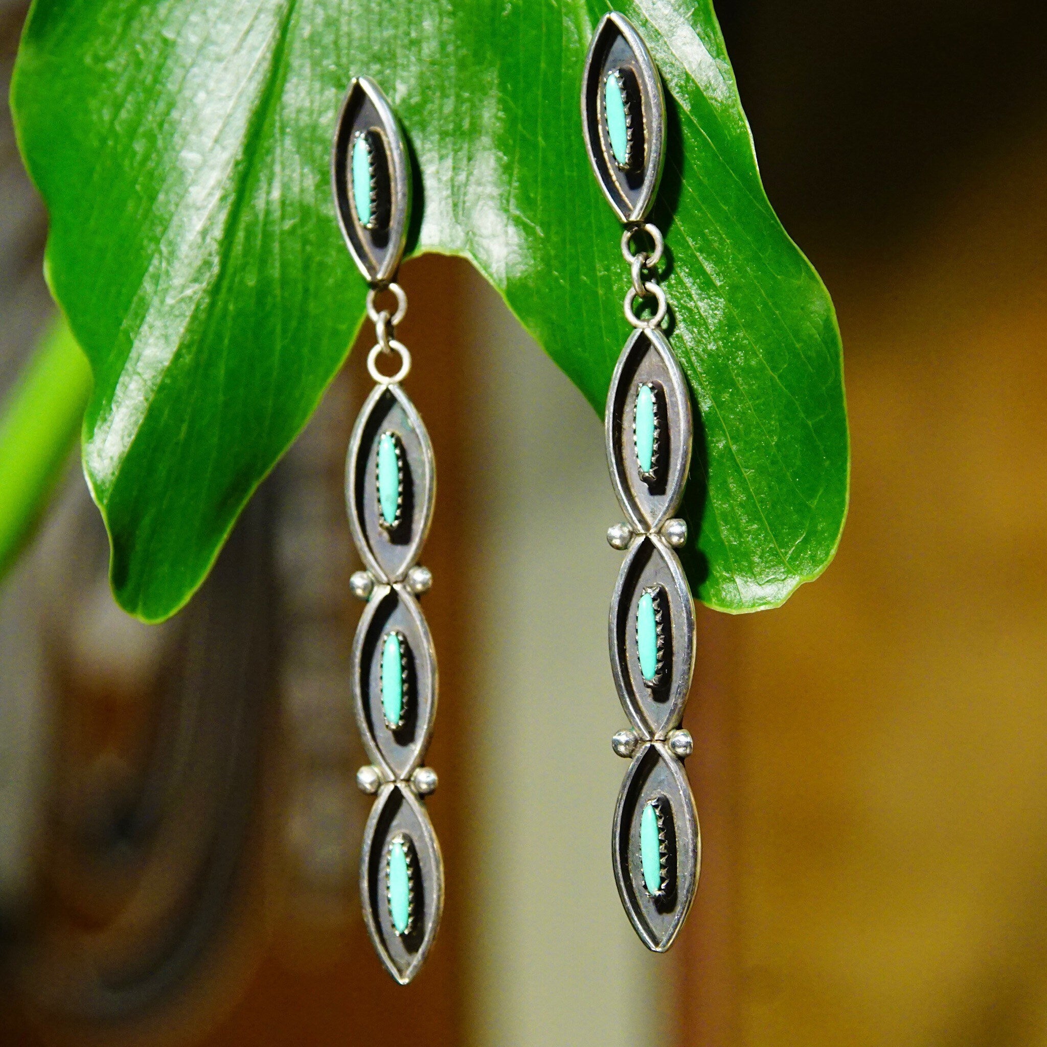 Vintage Signed Zuni Native American Needlepoint Turquoise & Sterling Silver Dangle Earrings, Handmade Indigenous Earrings, 2 5/8" Long