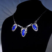 Vintage Native American Sterling Silver Lapis Lazuli Pendant Necklace, 3-Stone Pendant, Engraved Leaf Settings, Oval Link Chain, 20 3/4" L