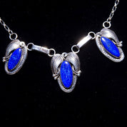 Vintage Native American Sterling Silver Lapis Lazuli Pendant Necklace, 3-Stone Pendant, Engraved Leaf Settings, Oval Link Chain, 20 3/4" L