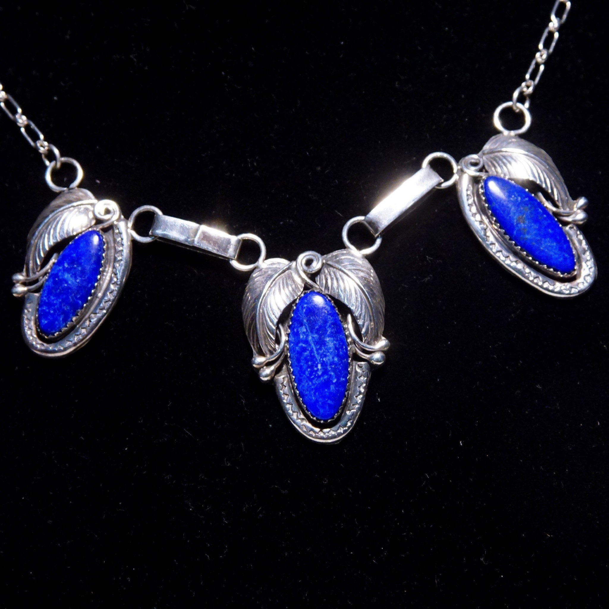 Vintage Native American Sterling Silver Lapis Lazuli Pendant Necklace, 3-Stone Pendant, Engraved Leaf Settings, Oval Link Chain, 20 3/4" L